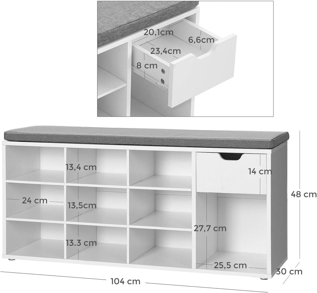 Bancă pentru pantofi, bancă pentru pantofi cu sertar și compartimente deschise 104 x 30 x 48 cm