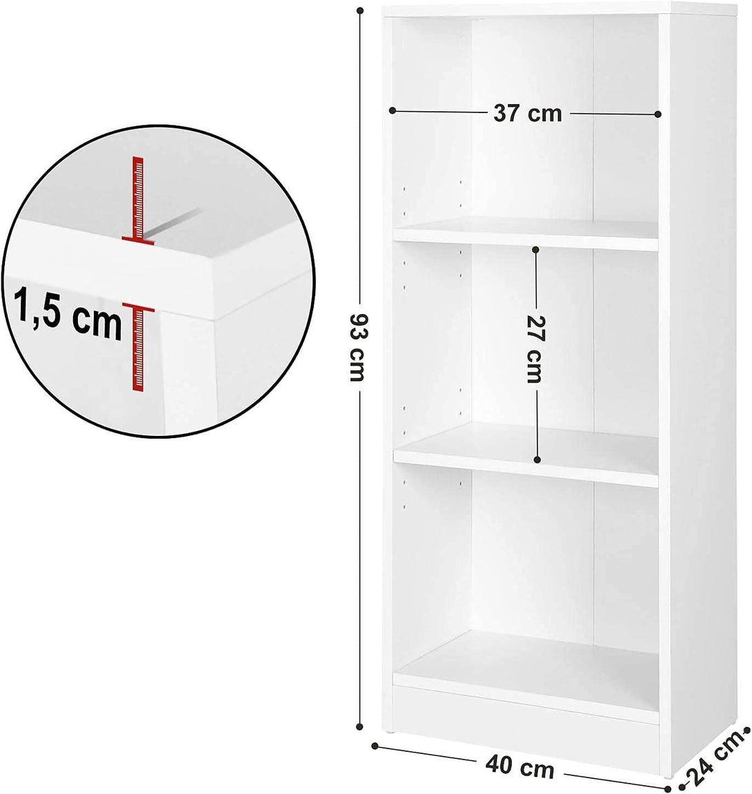 Bibliotecă cu 3 niveluri cu rafturi reglabile, 40 x 93 x 24 cm, alb