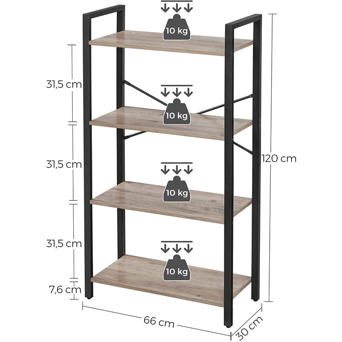 Bibliotecă cu 4 niveluri, raft de depozitare 66 x 120 x 30 cm, Greige-negru