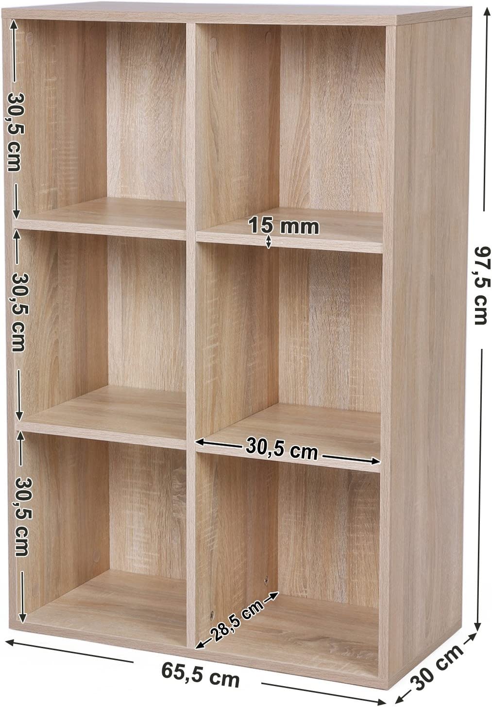 Bibliotecă cu 6 compartimente 65,5 x 30,5 x 97,5 cm culoare stejar