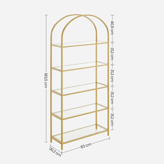 Bibliotecă din sticlă, raft de depozitare pe 5 niveluri în design curbat, cu cadru auriu