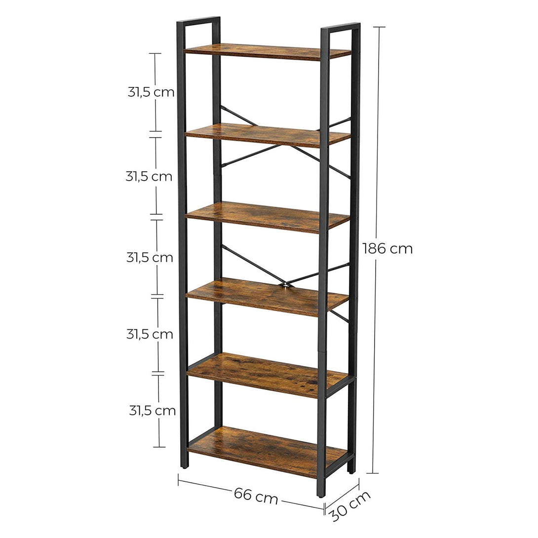 Bibliotecă pe 6 rafturi de depozitare , cadru din otel , maro