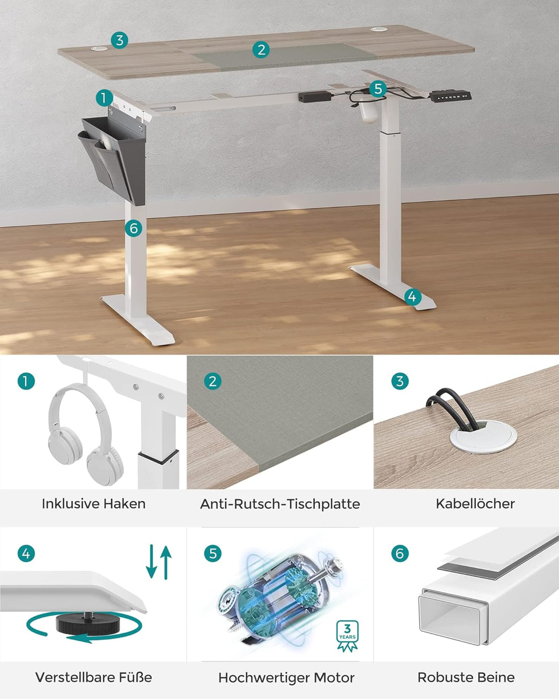 Birou electric reglabil pe inalţime , alb -gri