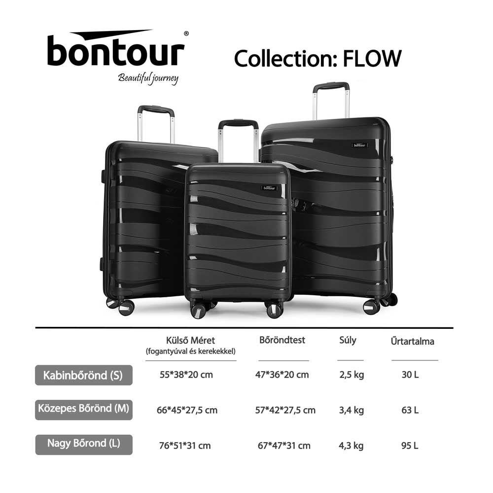 Bontour „Flow” Valisă cu 4 roți cu blocare cu număr TSA, mărime M, negru