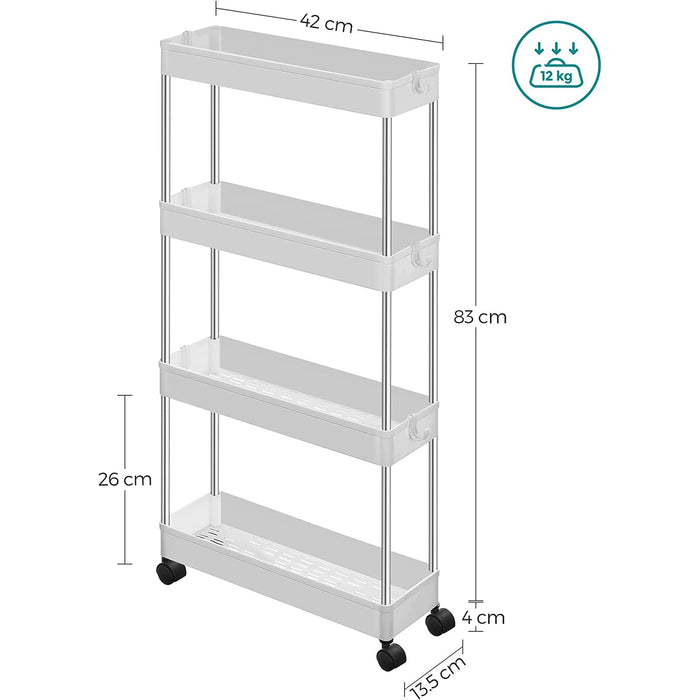 Cărucior de depozitare îngust pe 4 niveluri, sistem de rafturi care economisește spațiu, alb