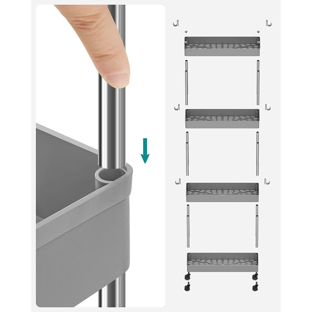 Carucior de depozitare pe roti, depozitare plastic ingust pe 4 nivele, gri