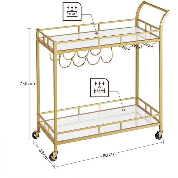 Cărucior de servire cu rafturi din sticlă, cărucior Zúr 80 x 77,5 x 38 cm, auriu