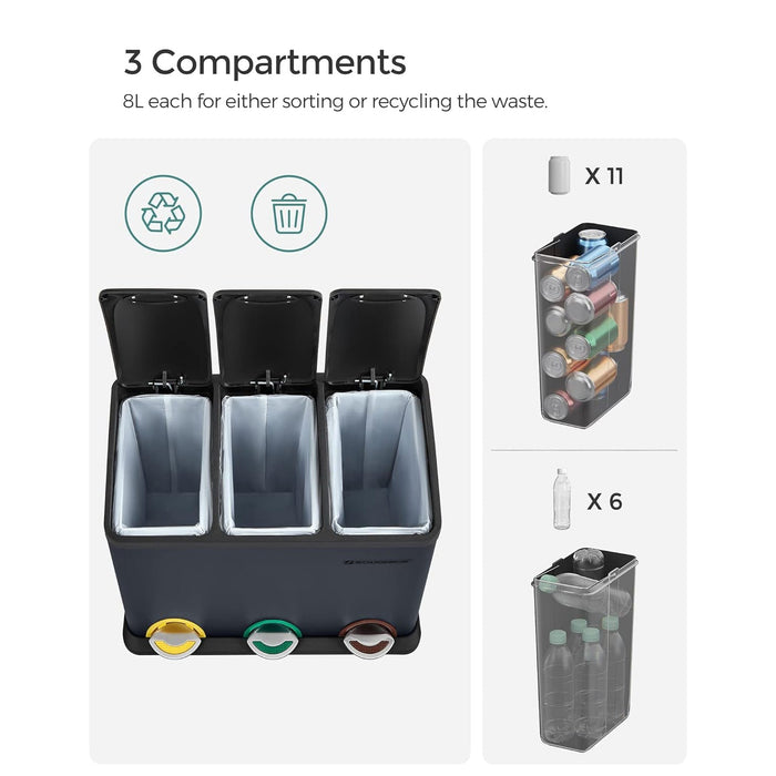 Coş de gunoi cu pedala 3 compartimente , 24L , otel , gri