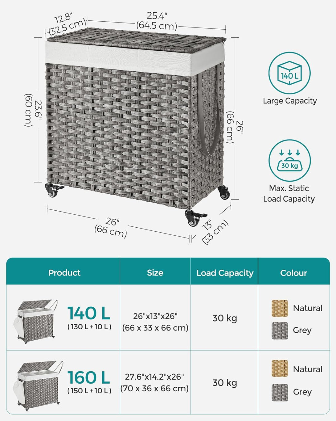 Coș de rufe 140L, coș de rufe țesut manual 66 x 60 x 30 cm, gri