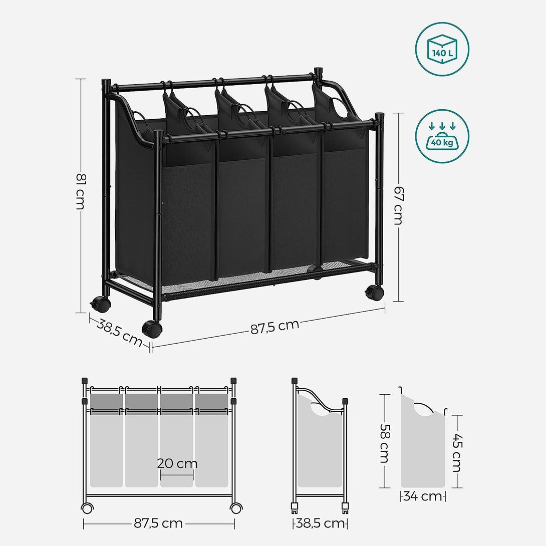 Cos de rufe, colector de rufe cu 4 saci de stofa detasabile, negru