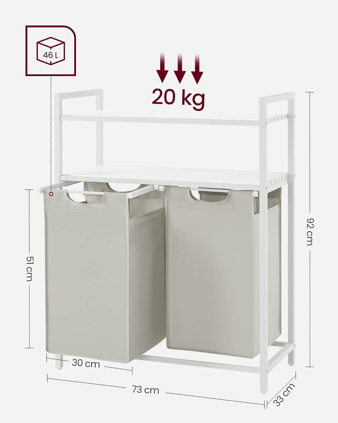 Coş de rufe cu 2 compatimente detasabile , alb | Vasagle