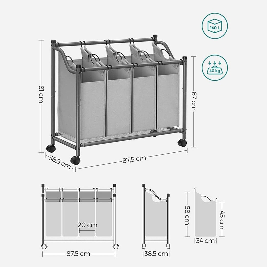 Cos de rufe cu roti, 4 saci detasabile, carucior de rufe 4 x 35L, gri