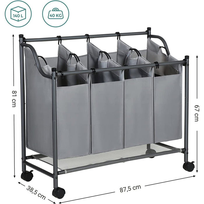 Cos de rufe cu roti, 4 saci detasabile, carucior de rufe 4 x 35L, gri