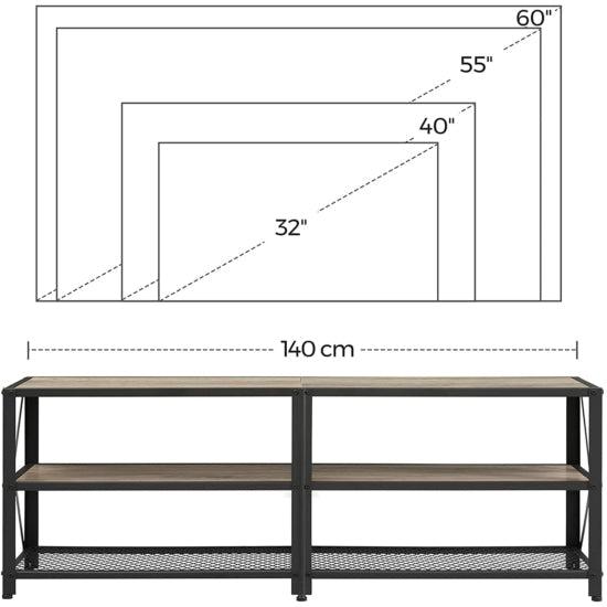 Dulap TV, masă TV cu rafturi, cadru din oțel, 140 x 52 x 39 cm, gri și negru