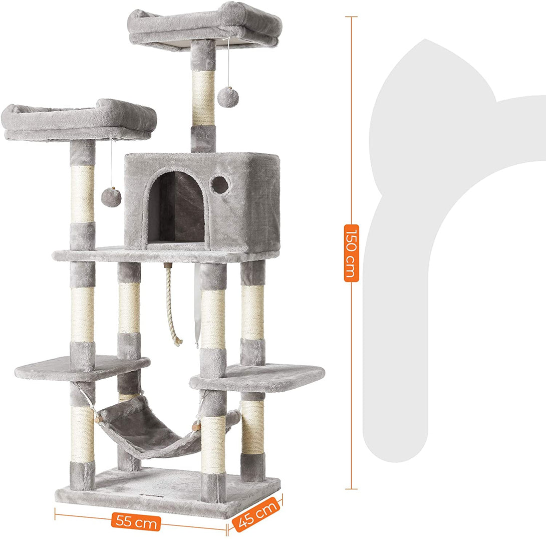FEANDREA Arborele de pisici cu pompoane, Turn de pisici 150 cm, Gri deschis