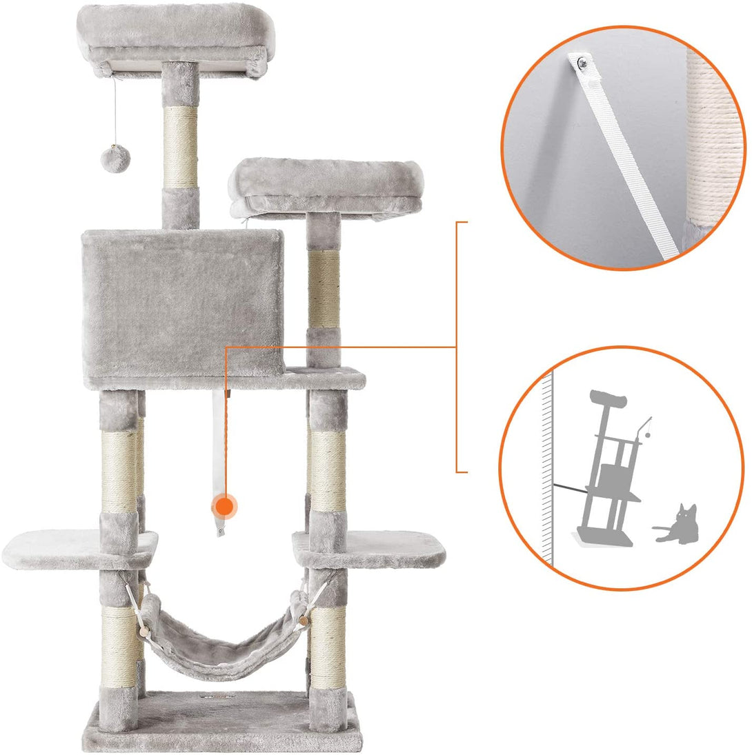 FEANDREA Arborele de pisici cu pompoane, Turn de pisici 150 cm, Gri deschis