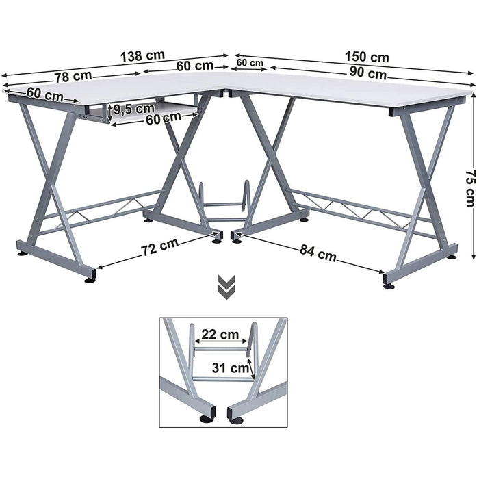 Masa computer de colt, birou in forma de L 150 x 138 x 75 cm, alb