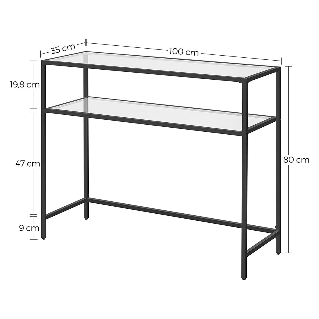 Masa consola Vasagle cu 2 rafturi 100 x 80 x 35 cm, sticla securizata, raft depozitare, cadru metalic