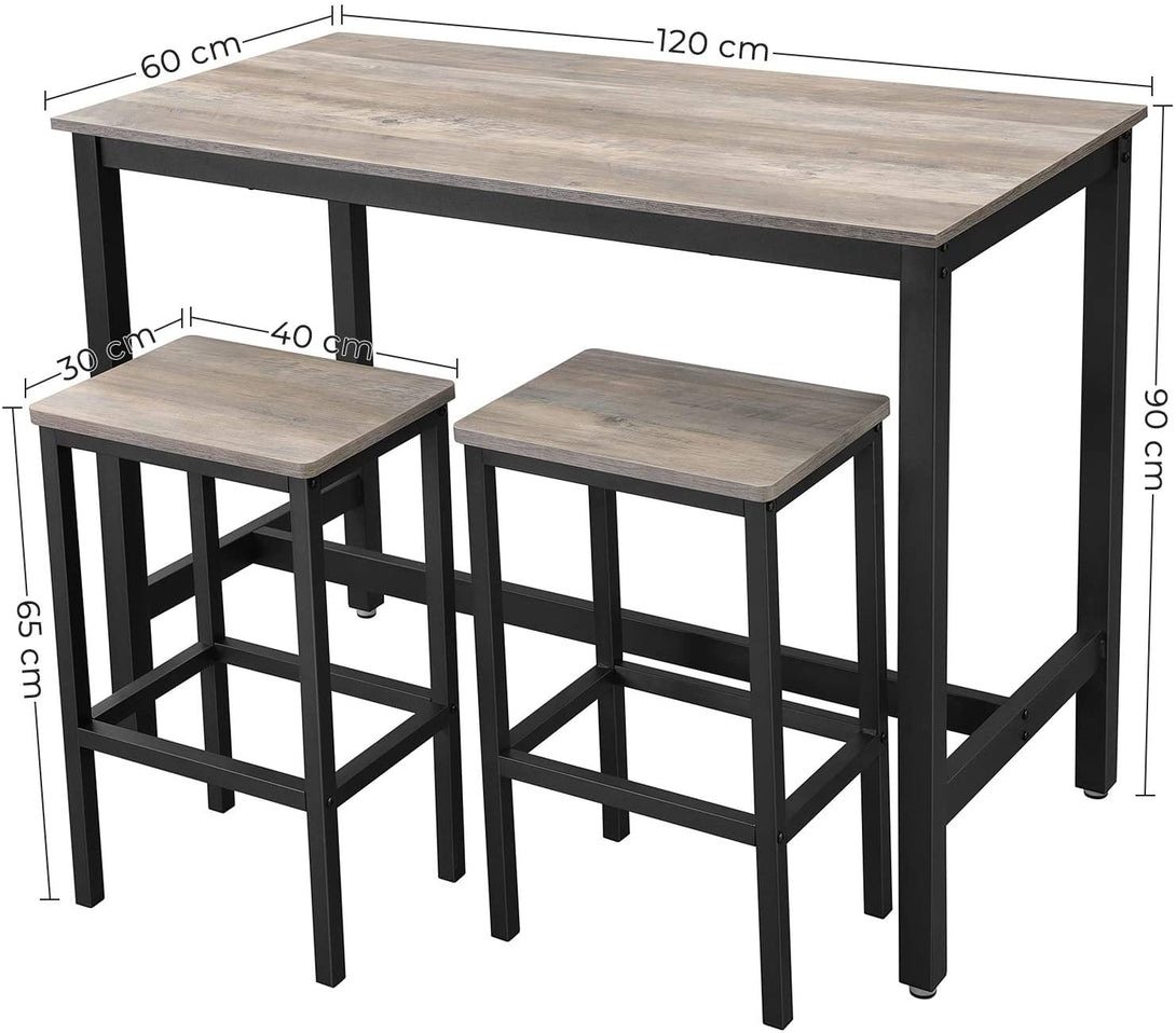 Masa de bar cu 2 taburete de bar, 120 x 90 x 60 cm, gri si negru