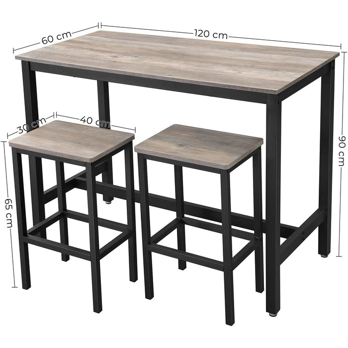 Masa de bar cu 2 taburete de bar, 120 x 90 x 60 cm, gri si negru