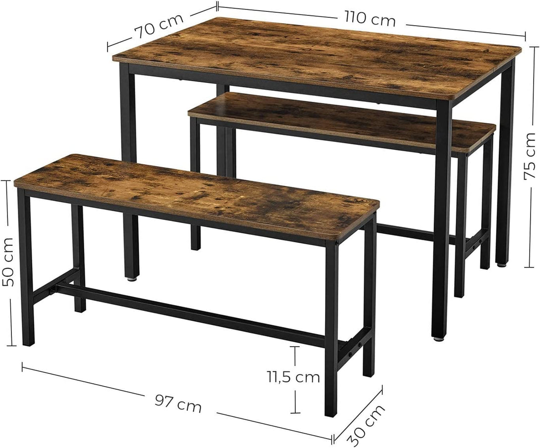 Masa de sufragerie cu 2 banci, 110 x 75 x 70 cm, maro rustic