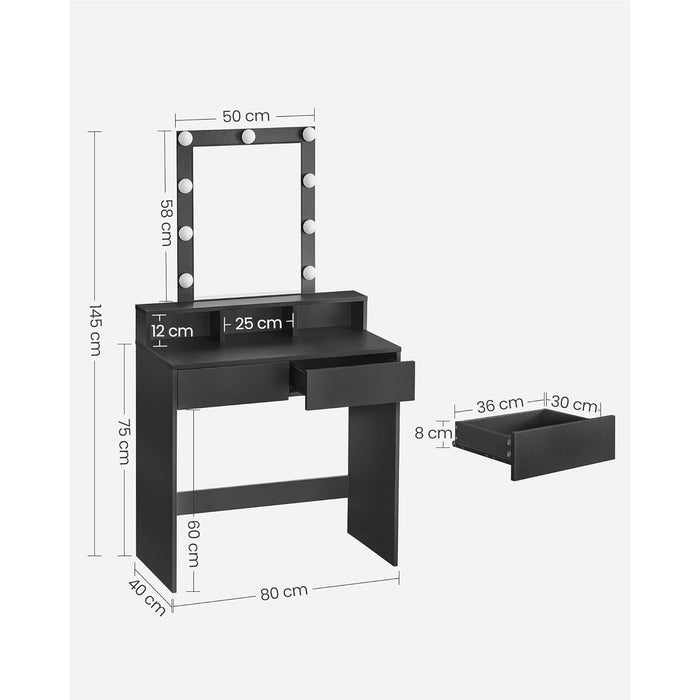 Masă de toaletă cu iluminare LED, 2 sertate 3 compartimente, negru