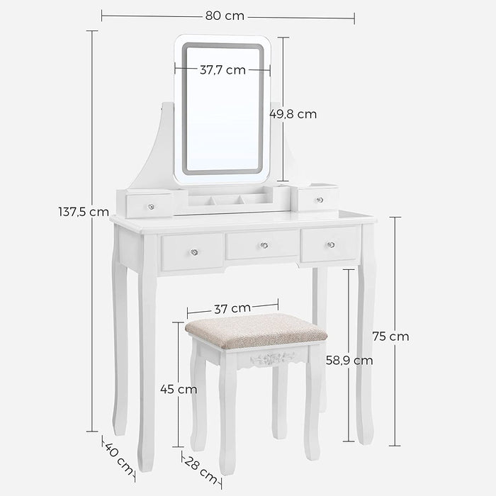 Masuta de toaleta cu iluminare LED, 80 x 137,5 x 40 cm, alb