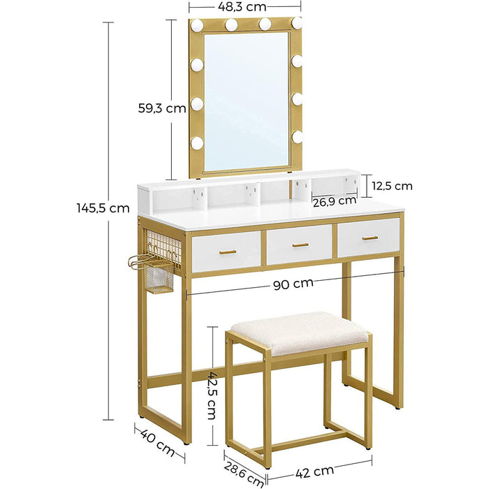 Masuta de toaleta cu scaun cu iluminare LED, 90 x 145,5 x 40 cm, alb-auriu