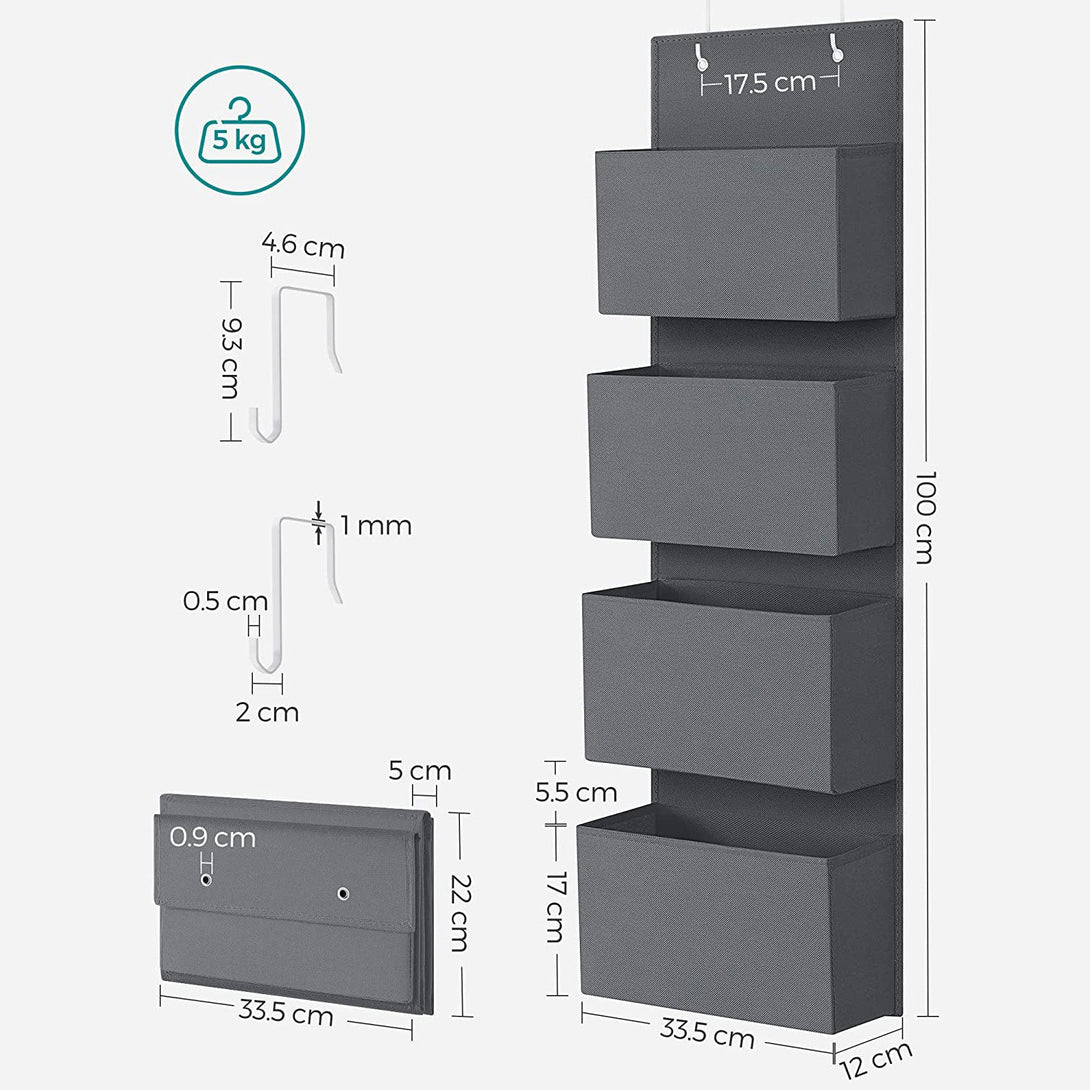 Organizator de depozitare suspendat cu 4 buzunare 33,5 x 100 x 12 cm, gri | melodii