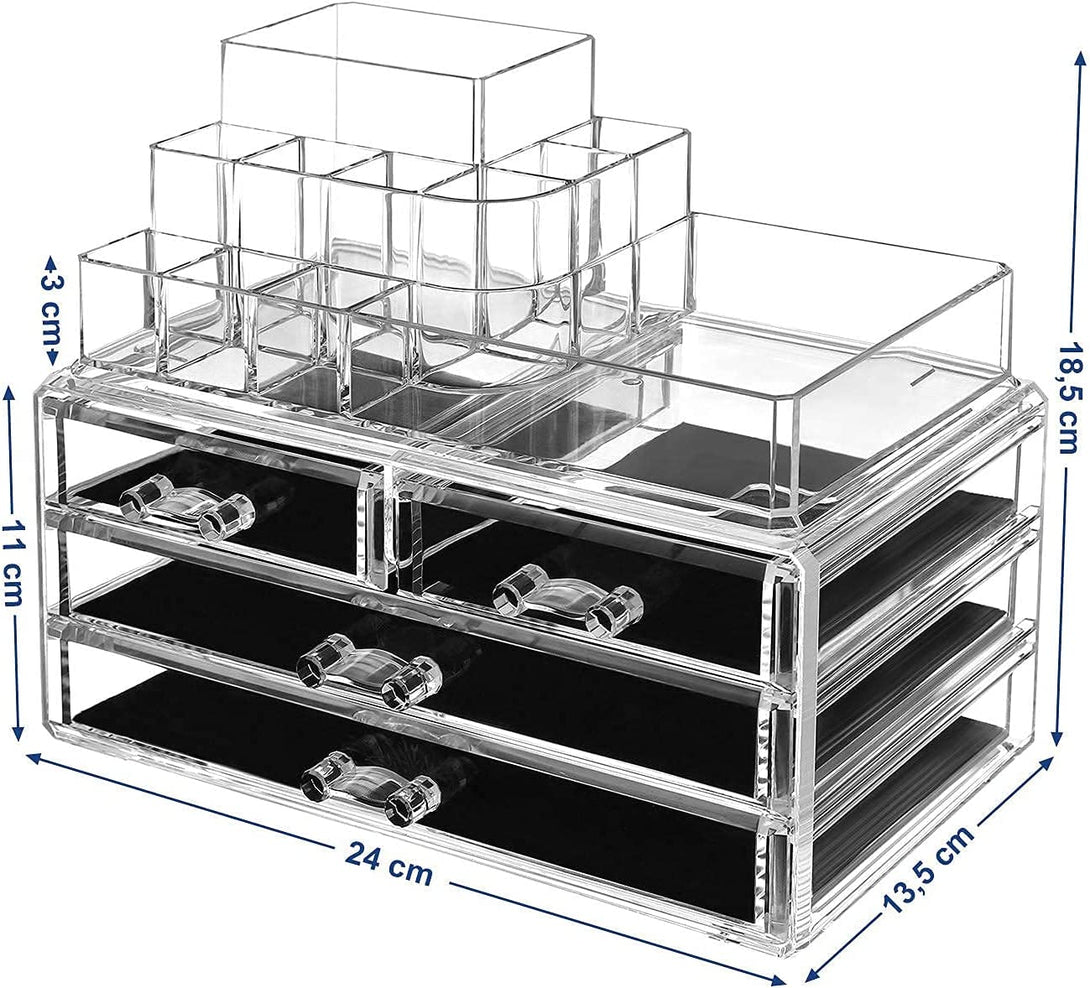 Organizator de machiaj cu cutie de depozitare din acril, 4 sertare mari, 24 x 18,5 x 13,5 cm