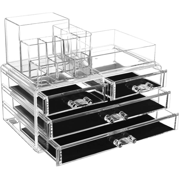 Organizator de machiaj cu cutie de depozitare din acril, 4 sertare mari, 24 x 18,5 x 13,5 cm