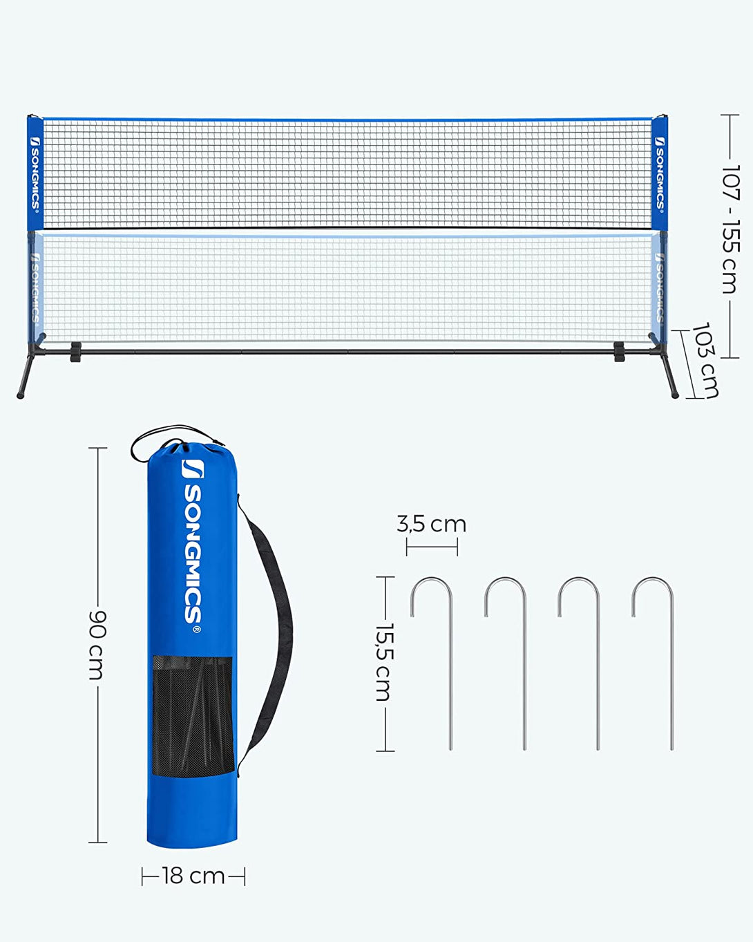 Plasa de tenis/badminton portabila Cu suport reglabil inaltime 5x1,55 m, albastru