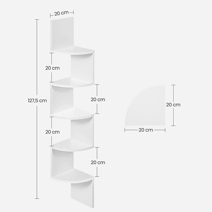 Poliță de colț, poliță suspendată pe 5 niveluri, design zig-zag, bibliotecă, 20 x 20 x 127,5 cm