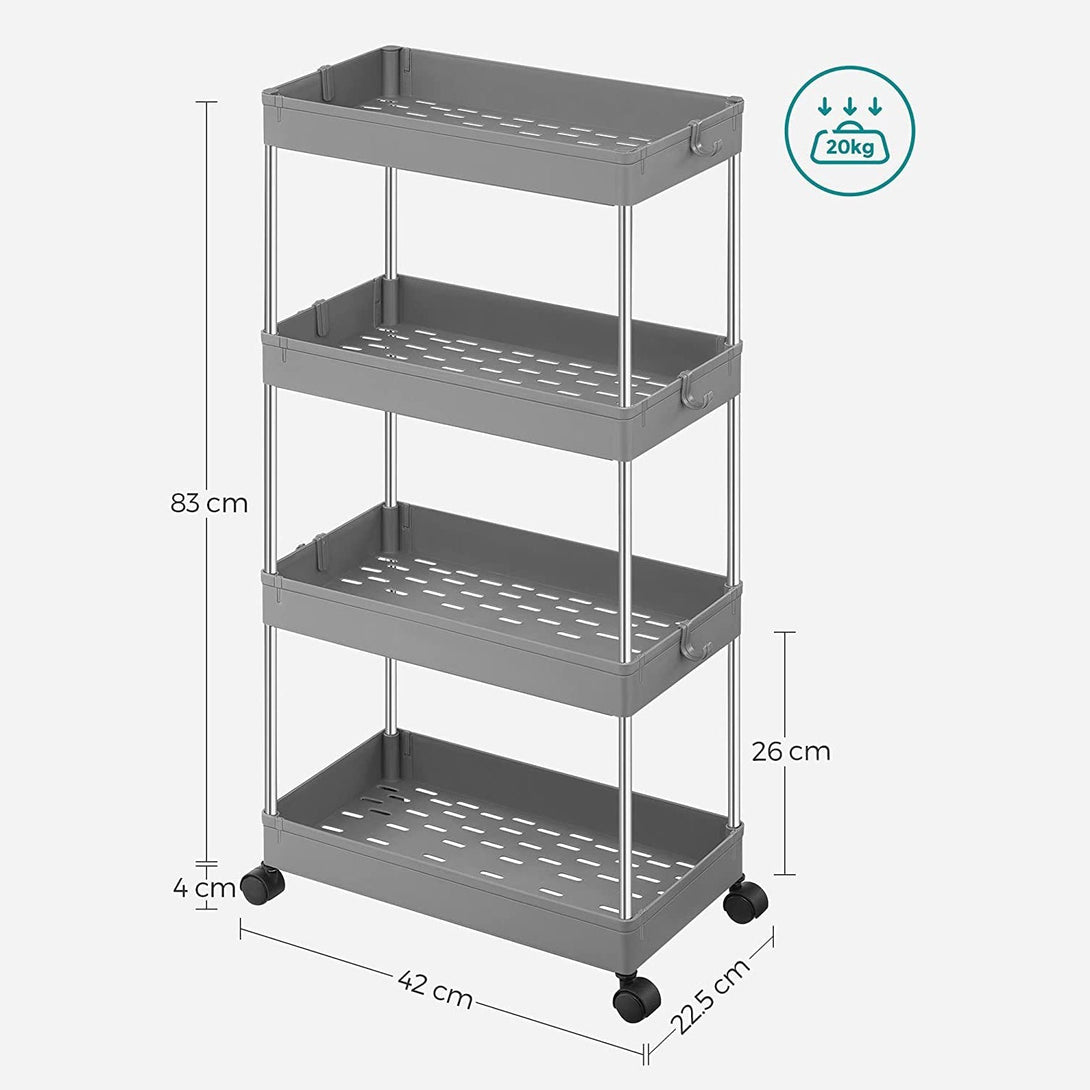Raft de bucătărie pe roți pe 4 niveluri, 40 x 86 x 22 cm, gri