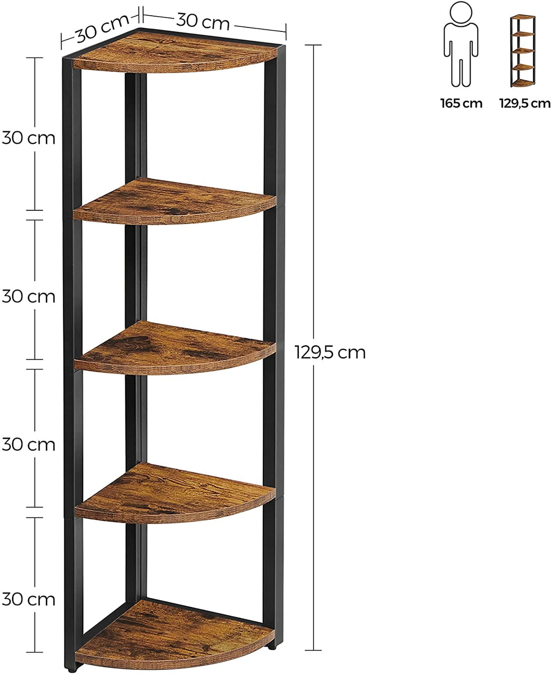 Raft de colț cu 5 niveluri, Raft de depozitare în stil industrial, 30 x 129,5 x 30 cm