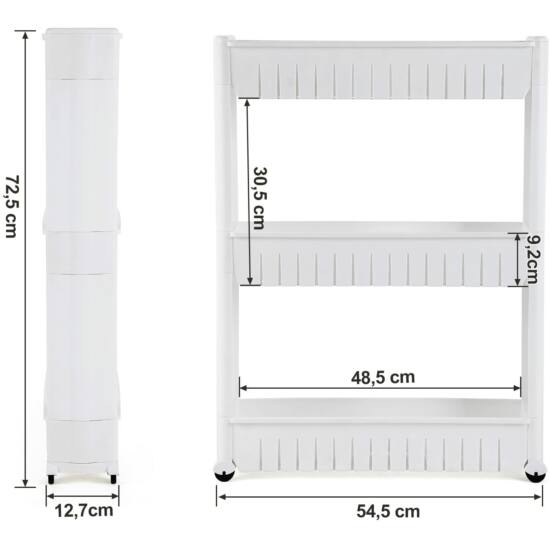 Raft de depozitare glisant îngust cu roți, 72,5 cm alb