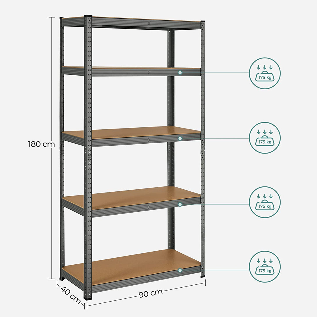 Raft de depozitare metalic, suport de depozitare pe 5 nivele, 180 x 90 x 40 cm, gri