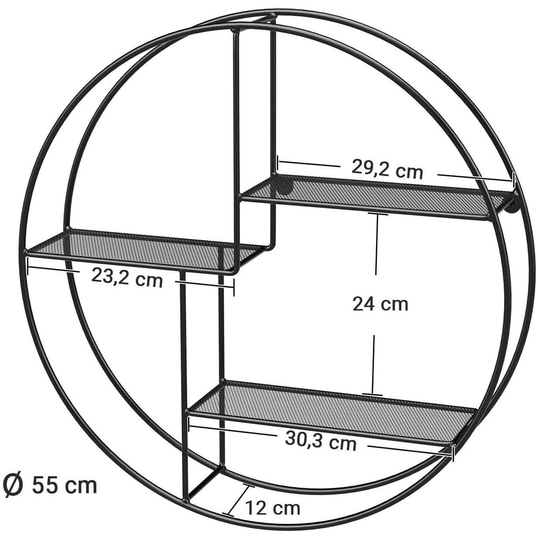 Raft de perete metalic SONGMICS, raft rotund plutitor cu 3 panouri plasa metalica (diametru 55cm)