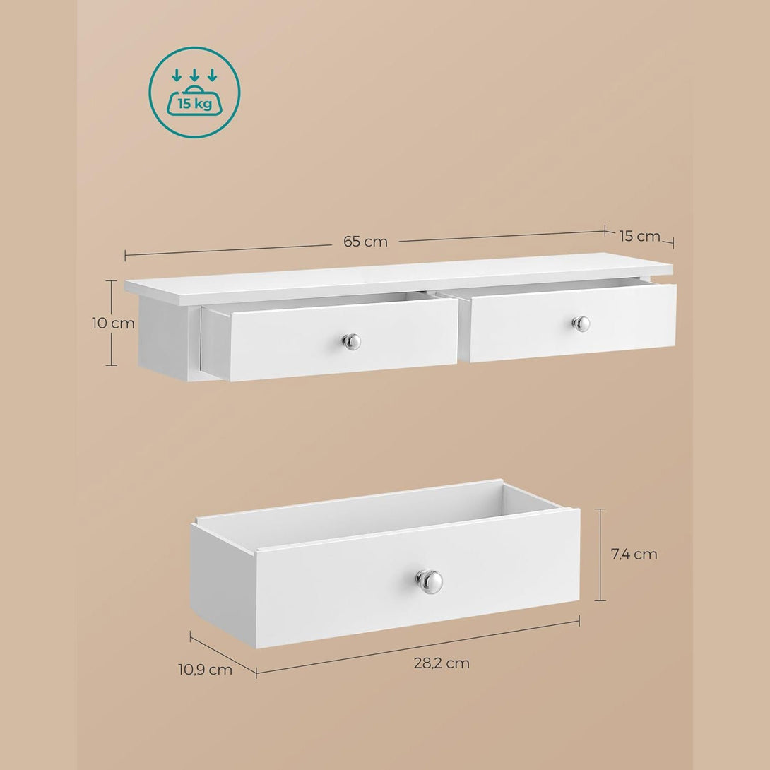 Raft de perete, raft plutitor cu 2 sertare, 65 x 15 x 10 cm