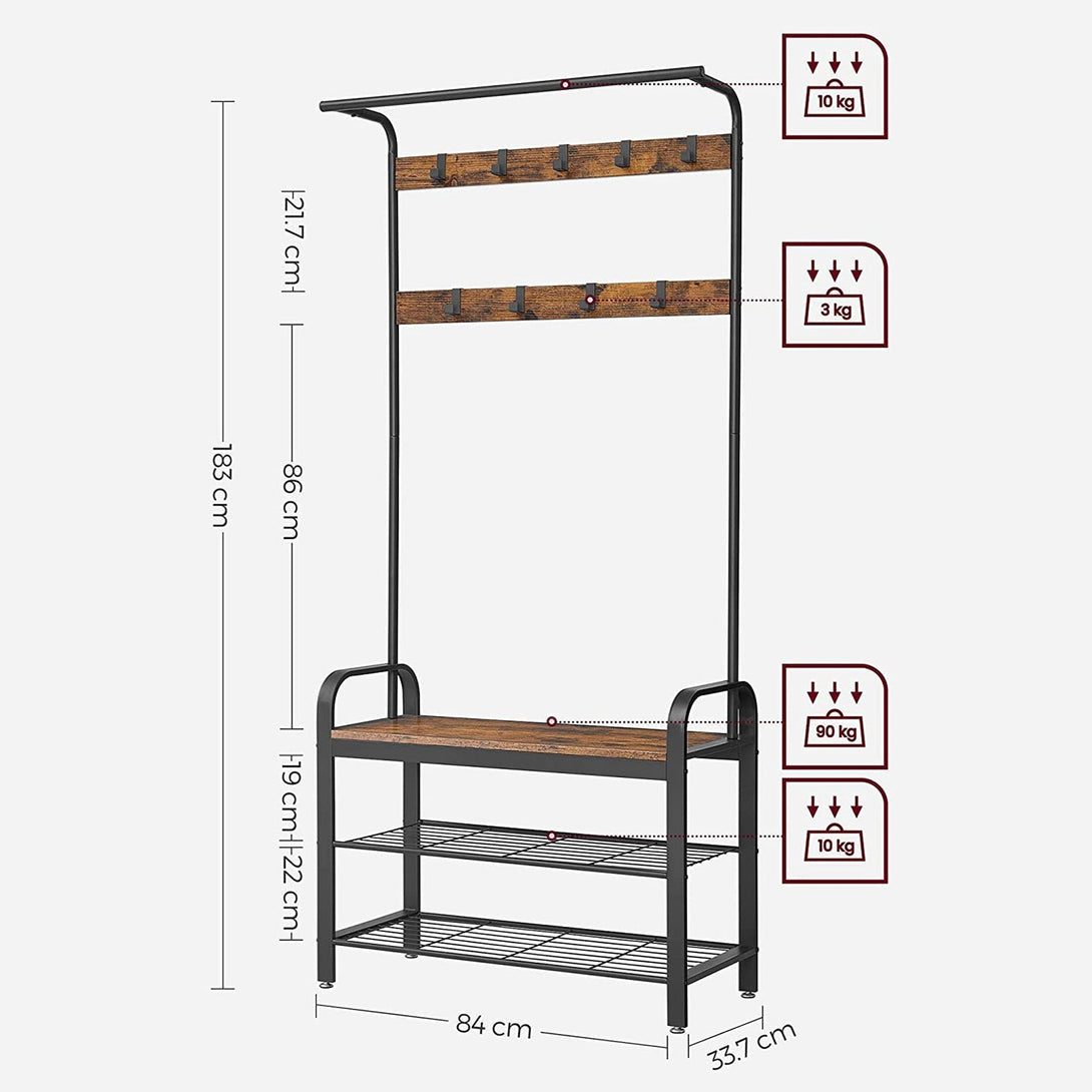 Raft pentru haine, perete hol cu suport pentru pantofi, 84 x 183 x 33,7 cm, maro rustic