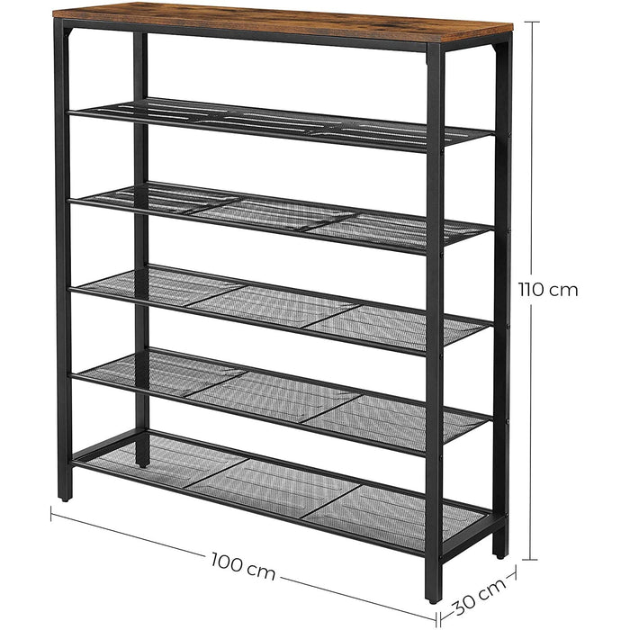 Raft pentru încălțăminte cu 5 niveluri de grilă și suprafață mare de intrare, 100 x 110 x 30 cm, maro