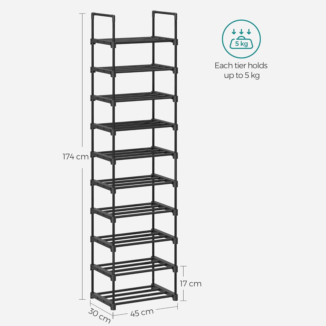 Raft pentru pantofi, sistem metalic de depozitare pantofi pe 10 niveluri 45 x 174 x 30 cm, negru