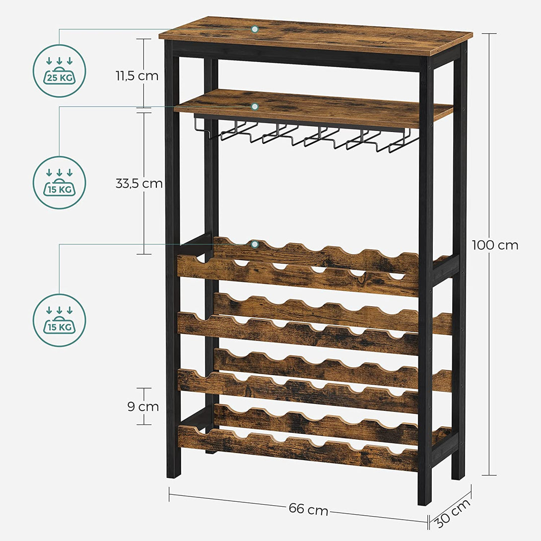 Raft pentru vin 24 sticle cu suport pentru pahare, 66 x 100 x 30 cm, maro rustic