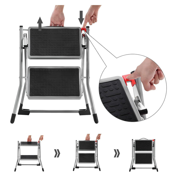 Scară pliabilă în 2 trepte Cauciuc antiderapant cu mâner , Oțel Gri și Negru