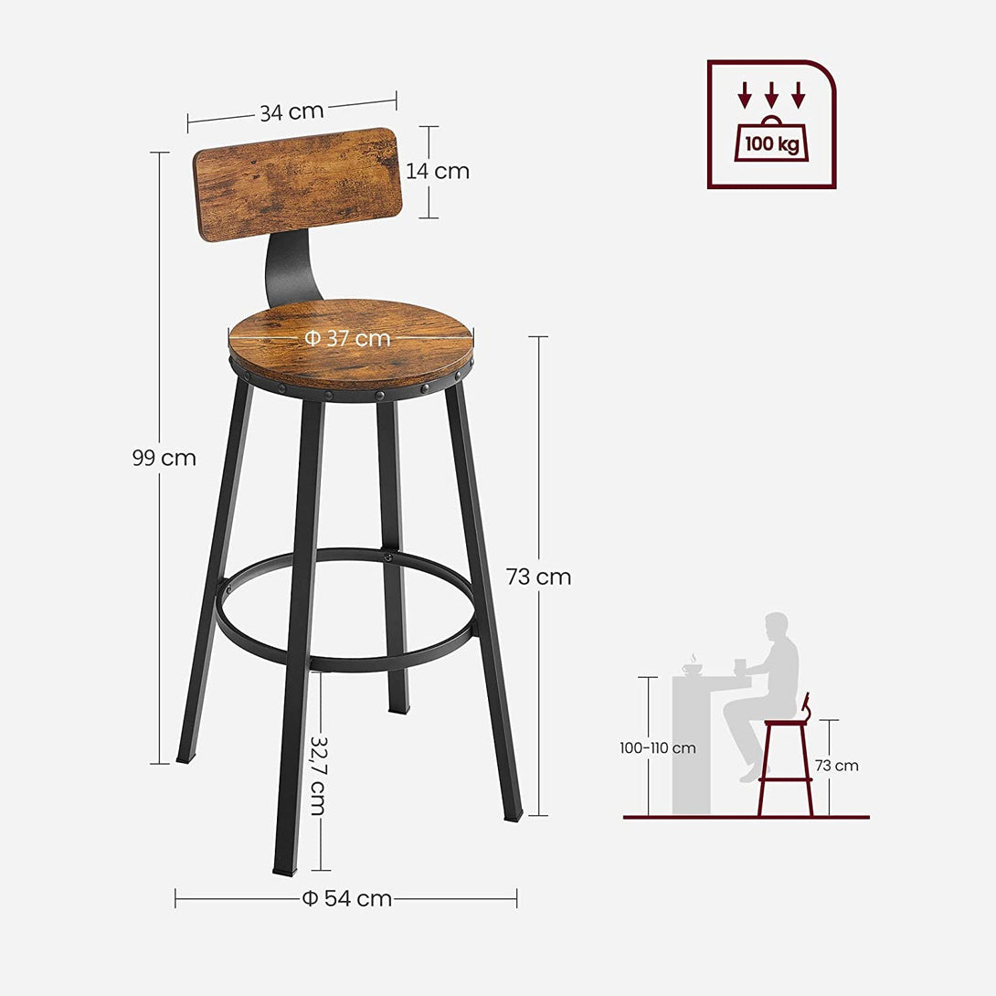 Scaun de bar inalt cu spatar, sezut inaltime 73,2 cm, set de 2