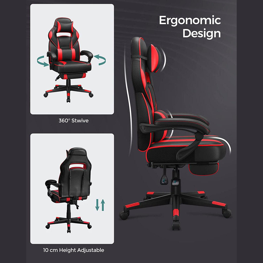 Scaun ergonomic, scaun de birou reglabil cu suport pentru picioare, negru-rosu