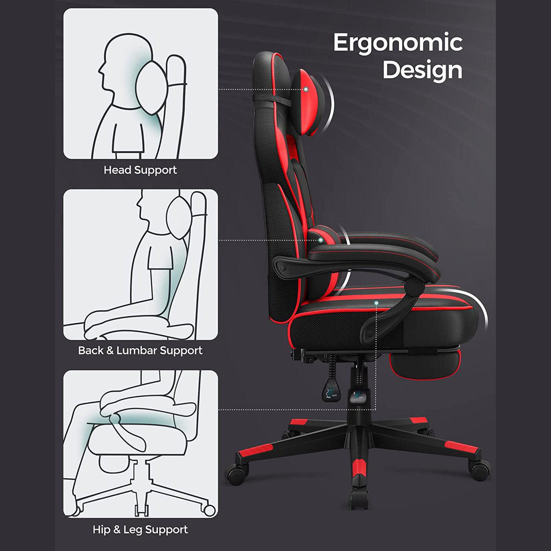 Scaun ergonomic, scaun de birou reglabil cu suport pentru picioare, negru-rosu