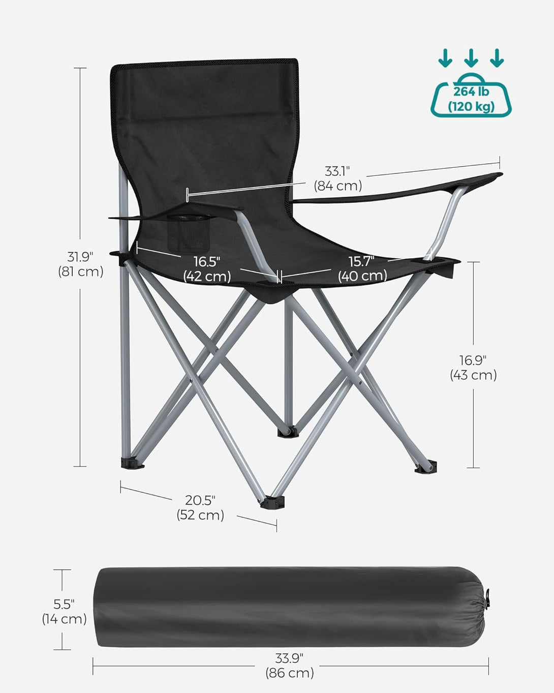 Set 2 scaune pliante de camping, negru