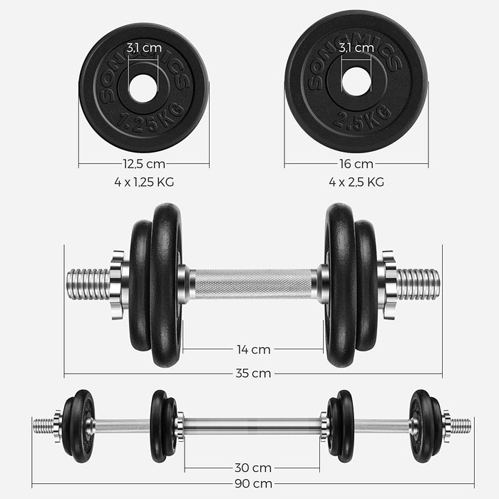 Set de greutăți, Fontă reglabilă, cu bară de greutate suplimentară, 20 kg