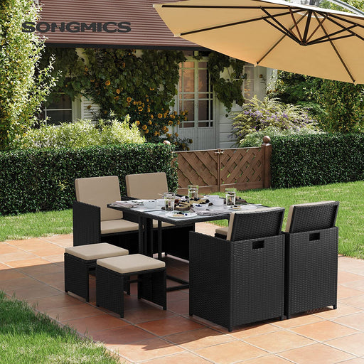 Set mobilier de gradina masa si scaune, 9 buc, negru si bej